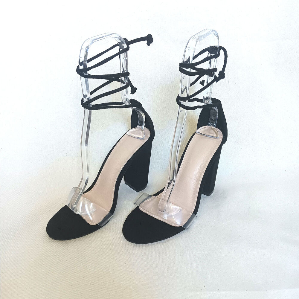 Women's wrap-around black heels with clear‎ strap size 7.5 Gladiator